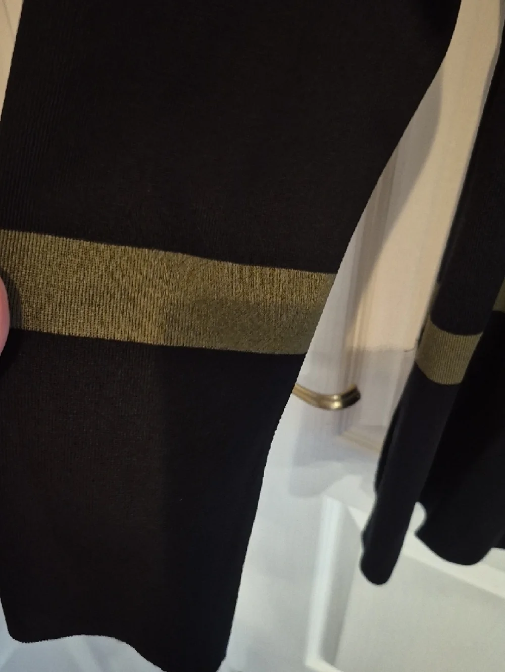 Misook Open Front Knit Black Cardigan with Olive Stripes